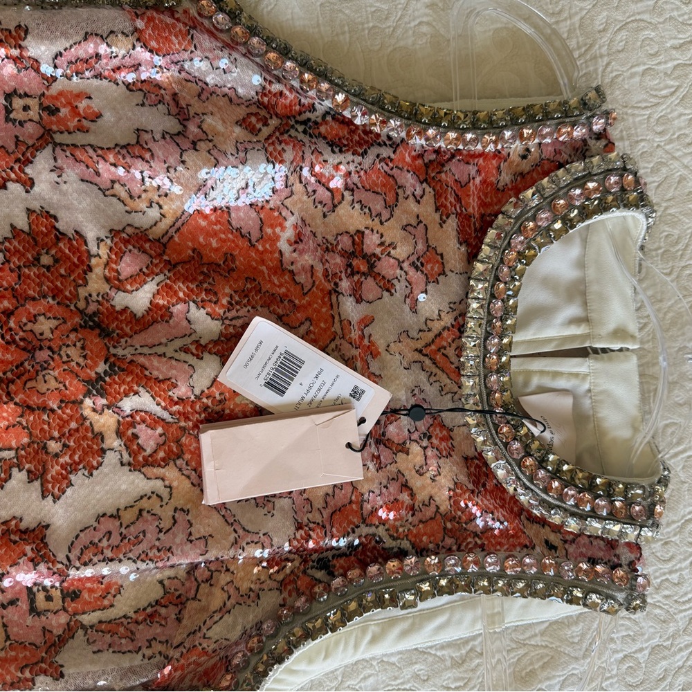 cinq a sept Coral and Blush Sequin Beaded Sleeveless Dress - Picture 7 of 9